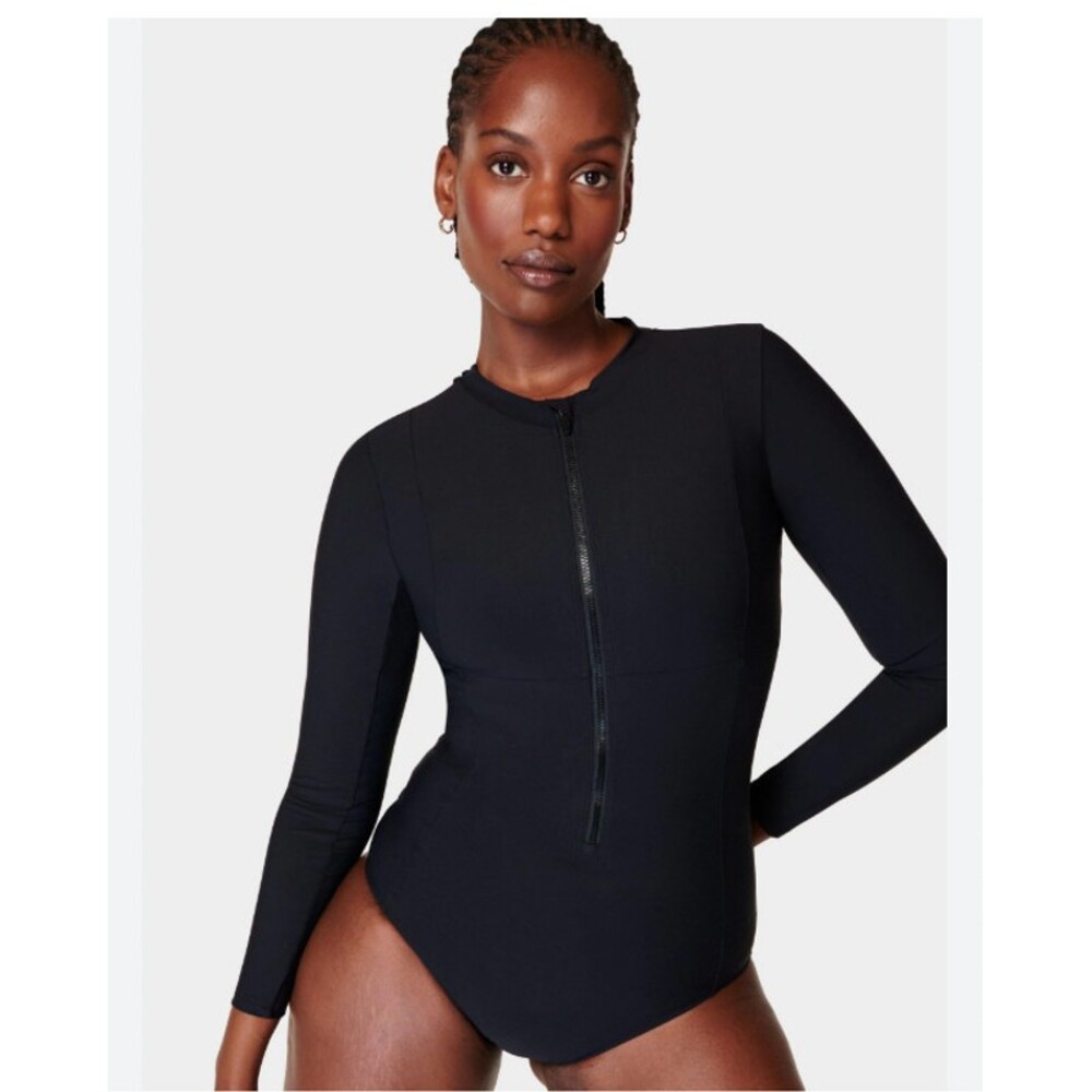 Sweaty Betty Tide Zip Through One Piece Swimsuit Womens 10 Black Rashguard
